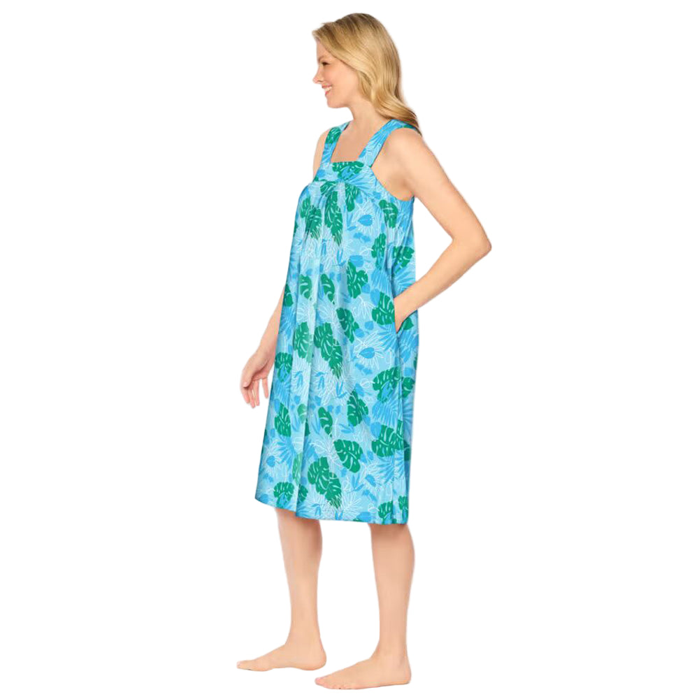 Women’s sleeveless square neck lounger in paradise blue palm print with 42-inch length, side pockets, shirred yoke, and cotton/poly blend fabric