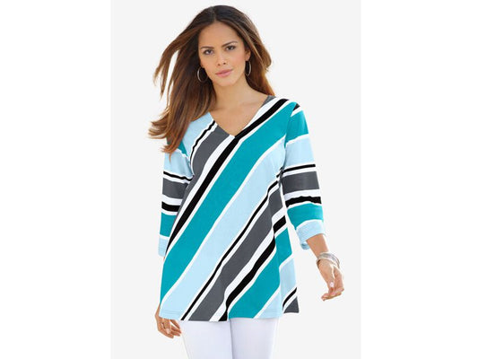 Paradise Turquoise Multi Diagonal Stripe V-Neck Tee PSW-7076