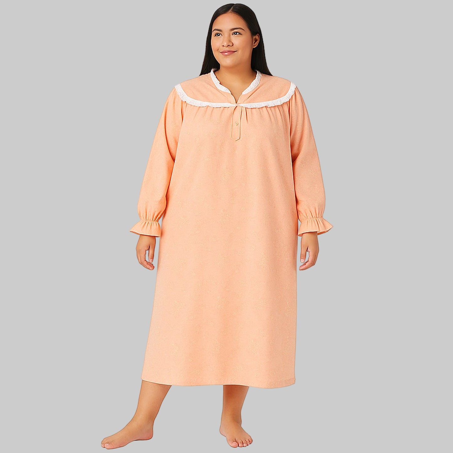 Peach floral flannel nightgown with lace trim and ruffle cuffs