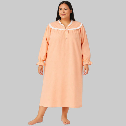 Peach floral flannel nightgown with lace trim and ruffle cuffs