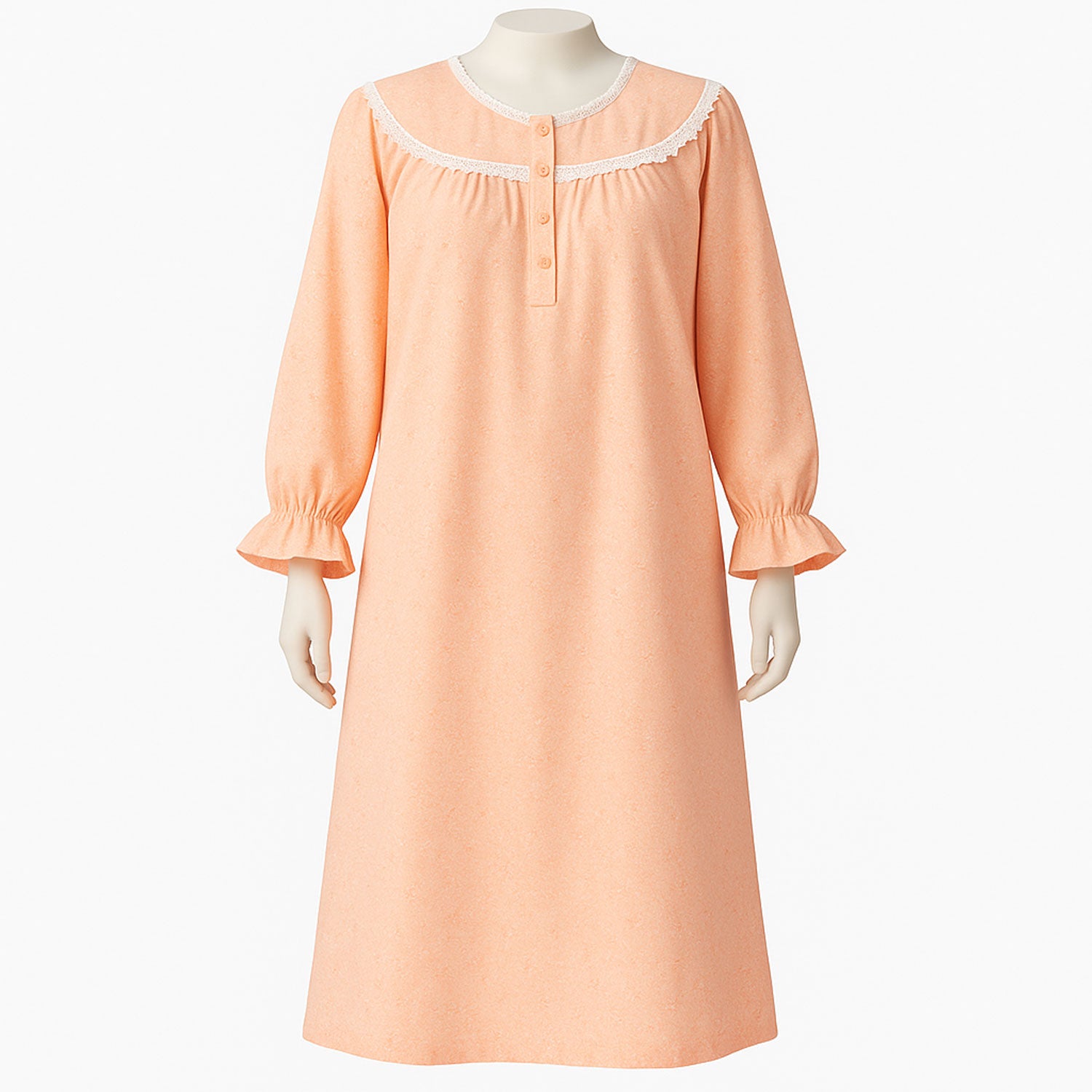 Peach floral flannel nightgown with lace trim and ruffle cuffs