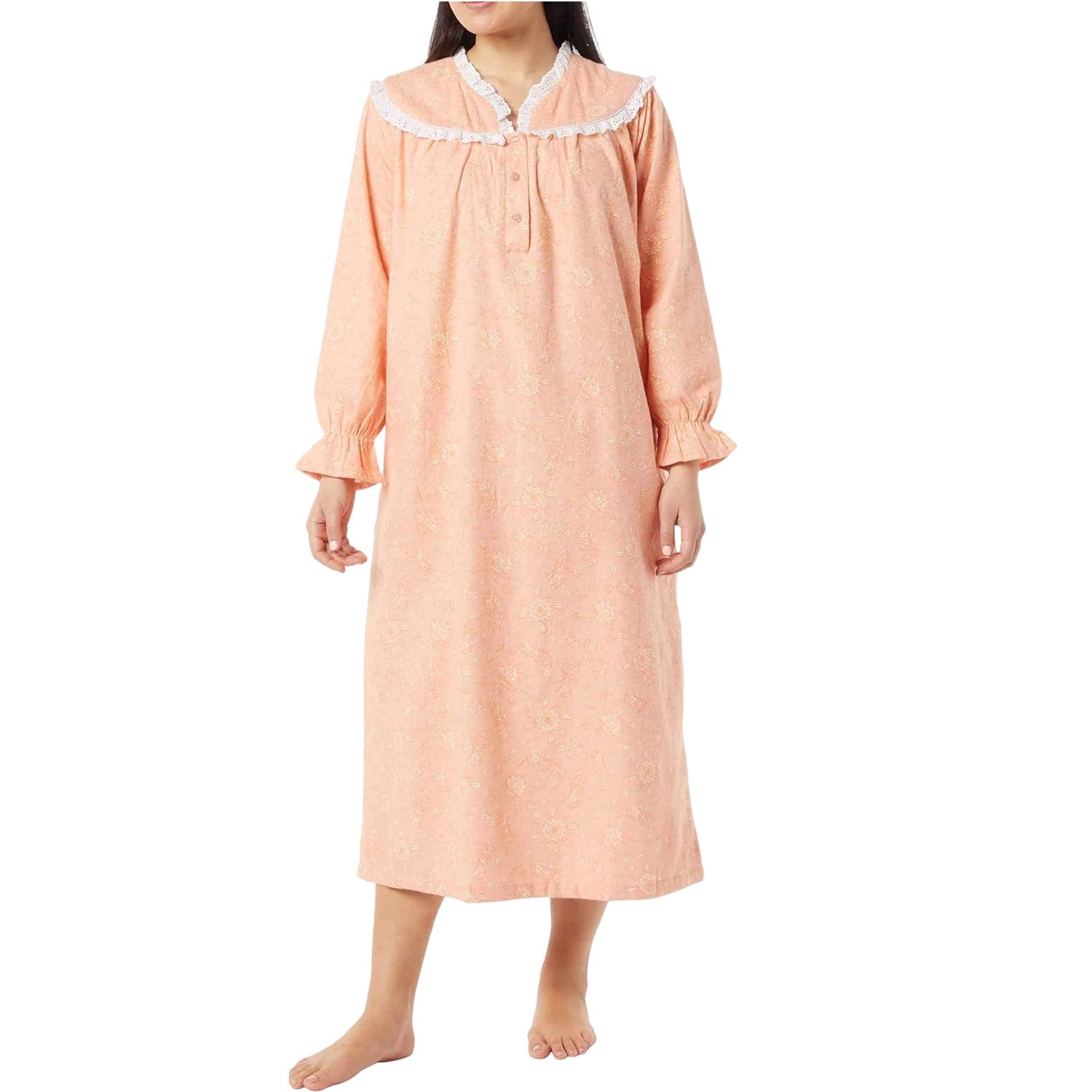 Peach floral flannel nightgown with lace trim and ruffle cuffs