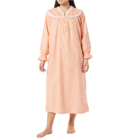 Peach floral flannel nightgown with lace trim and ruffle cuffs