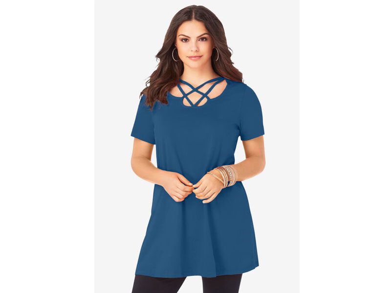 Peacock Teal Lattice-Neck Short Sleeve Ultimate Tunic PSW-7172