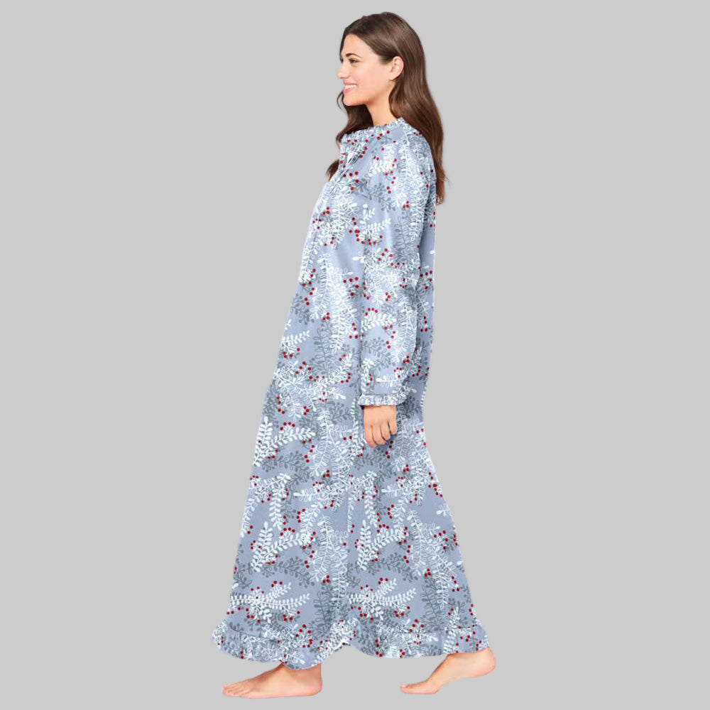 Women’s pearl grey flannel nightgown with holiday holly print, ruffled sleeves and hem, bib detail, long maxi length, and relaxed plus-size fit.