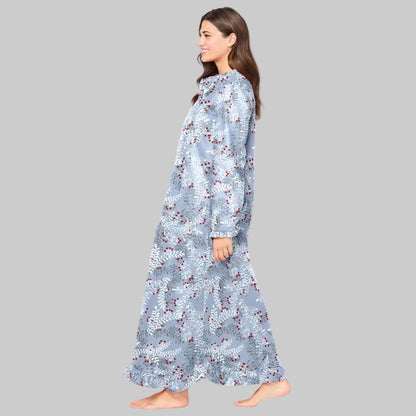 Women’s pearl grey flannel nightgown with holiday holly print, ruffled sleeves and hem, bib detail, long maxi length, and relaxed plus-size fit.