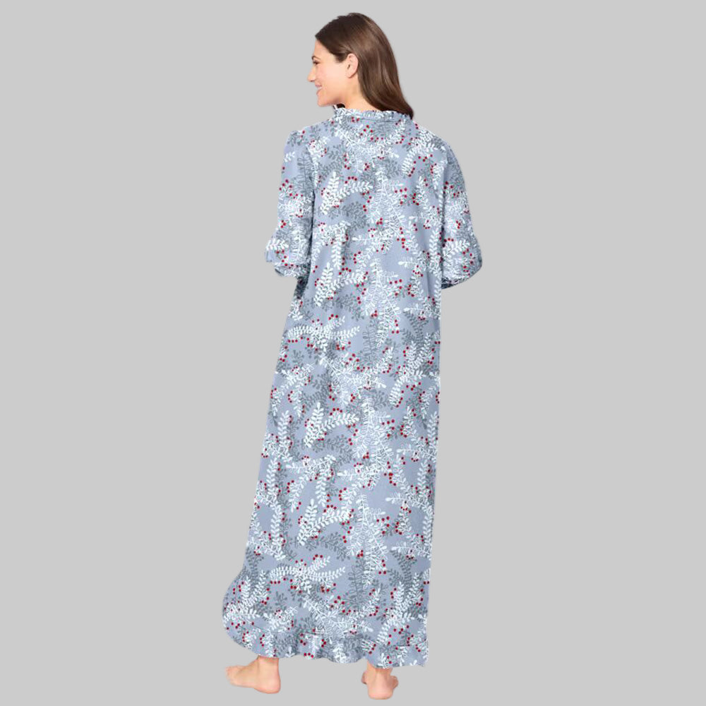 Women’s pearl grey flannel nightgown with holiday holly print, ruffled sleeves and hem, bib detail, long maxi length, and relaxed plus-size fit.