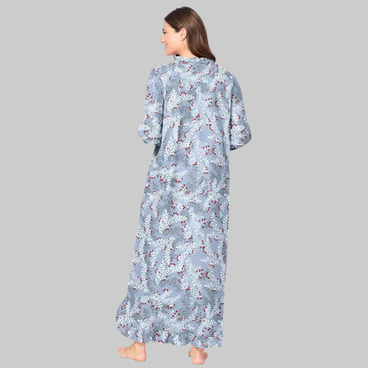 Women’s pearl grey flannel nightgown with holiday holly print, ruffled sleeves and hem, bib detail, long maxi length, and relaxed plus-size fit.