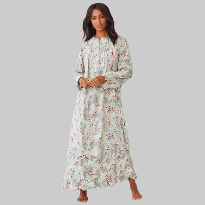 Women’s pearl grey flannel nightgown with holiday holly print, ruffled sleeves and hem, bib detail, long maxi length, and relaxed plus-size fit.