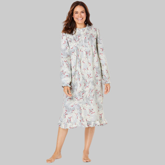 Pearl grey cotton flannel nightgown with ruffle trim, front pintucks, and shirred details, displayed on a white background — soft, feminine, and comfortable nightwear for women.