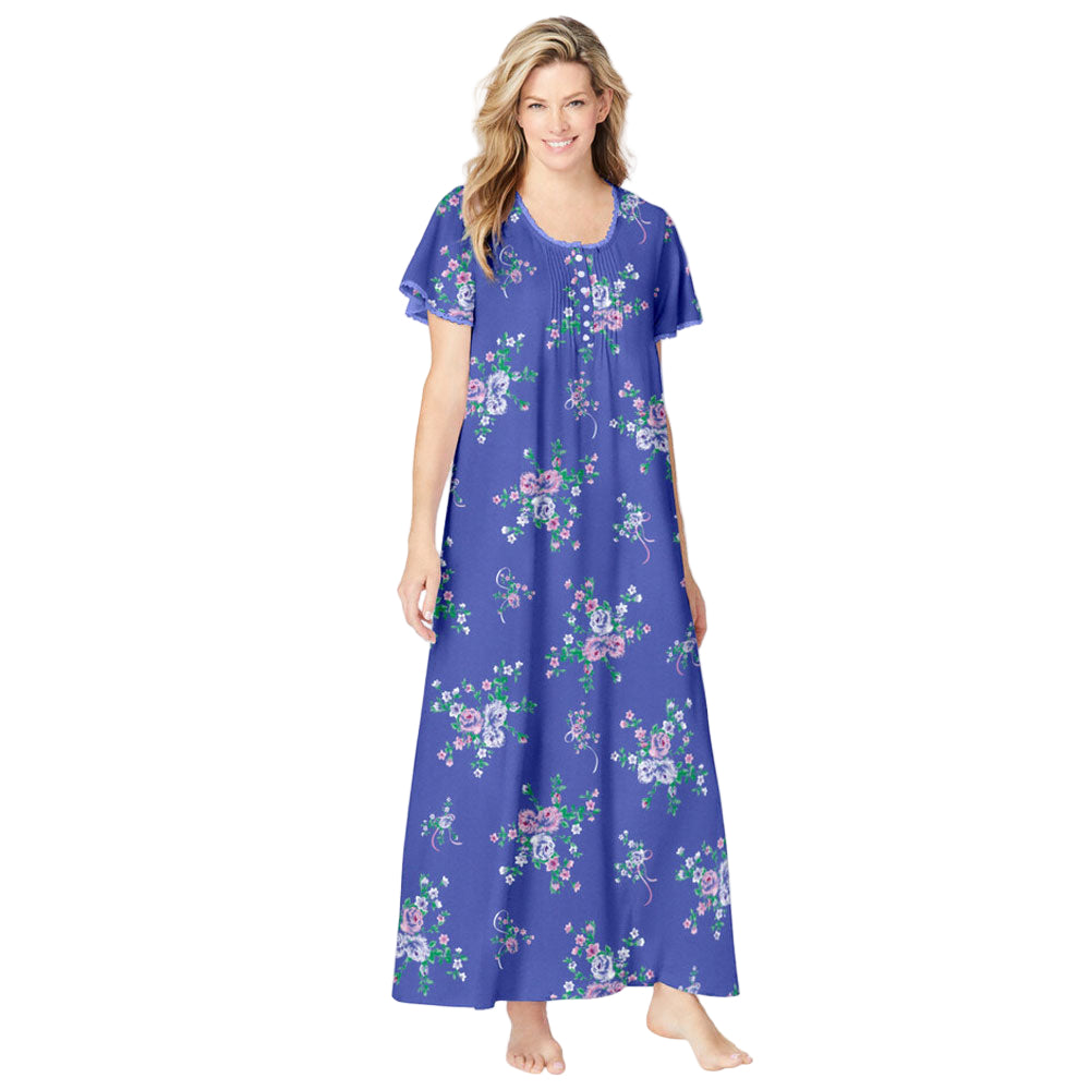 Periwinkle Floral Long Pintuck Knit Gown PSW-8526