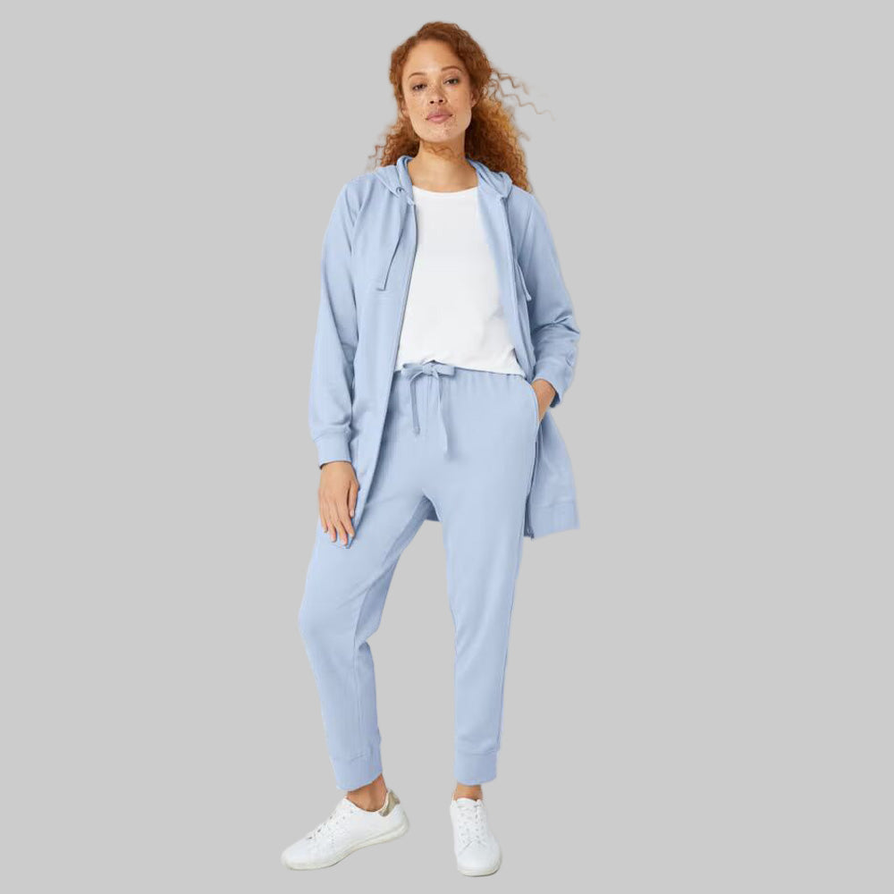 Periwinkle Mist French Terry Joggers with elastic waistband, drawstring, and ribbed cuffs — ankle-length plus size lounge joggers for women.