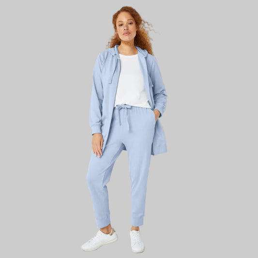 Periwinkle Mist French Terry Joggers with elastic waistband, drawstring, and ribbed cuffs — ankle-length plus size lounge joggers for women.