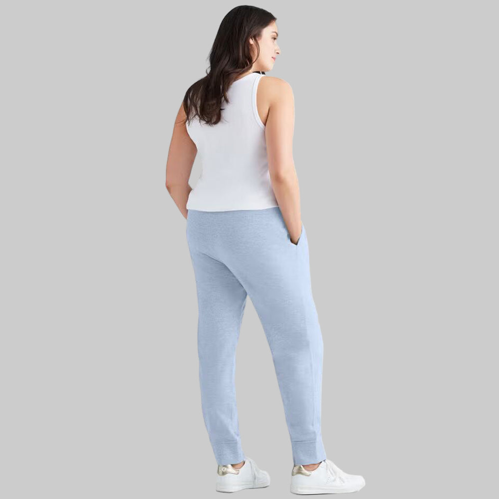 Periwinkle Mist French Terry Joggers with elastic waistband, drawstring, and ribbed cuffs — ankle-length plus size lounge joggers for women.