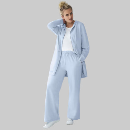 Periwinkle Mist Wide-Leg French Terry Sweatpants with elastic drawstring waist and front pockets — soft, full-length lounge pants for women.