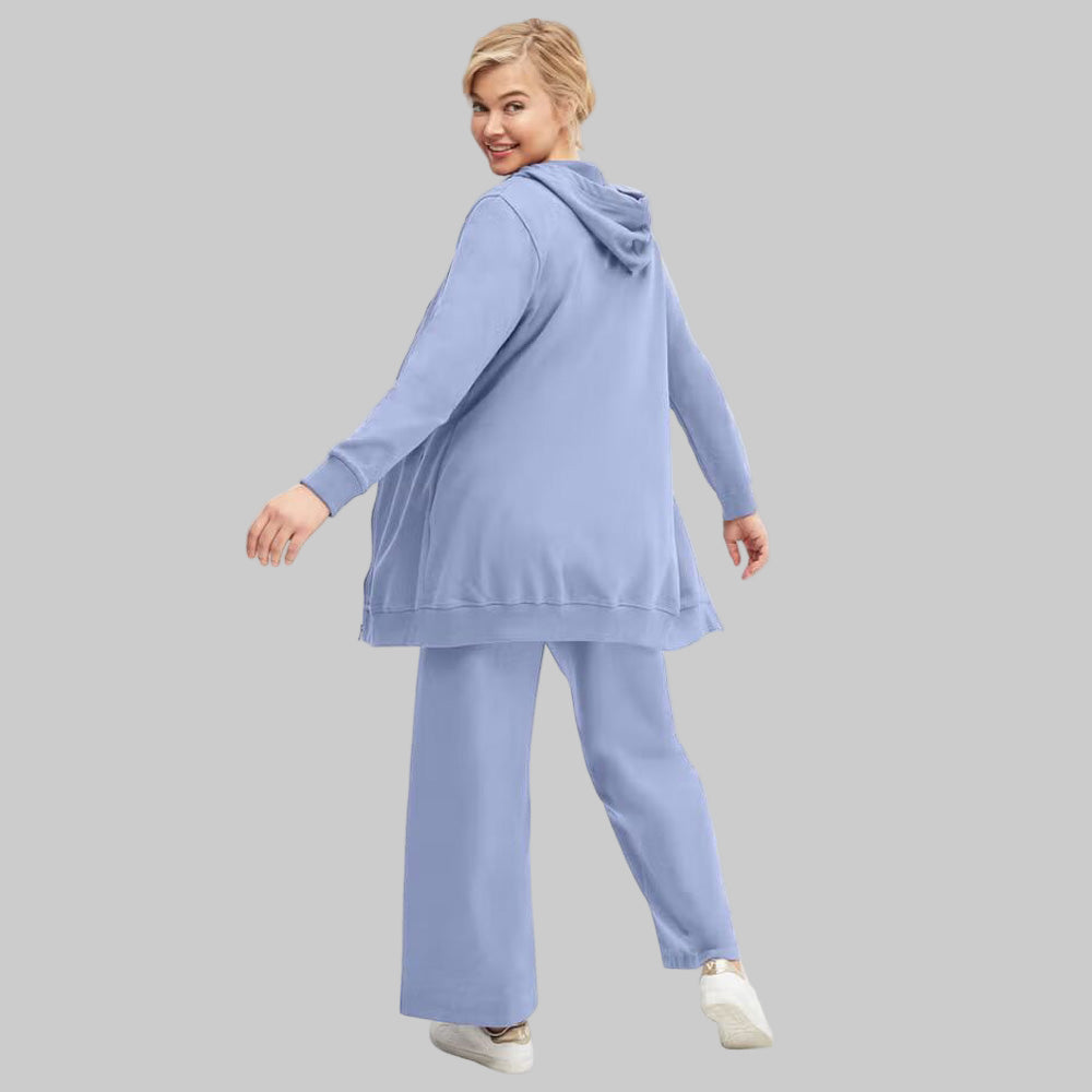 Periwinkle Mist Wide-Leg French Terry Sweatpants with elastic drawstring waist and front pockets — soft, full-length lounge pants for women.