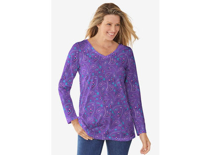 Petal Purple Floral Paisley Three Quarter Sleeve V-Neck Tunic PSW-6833