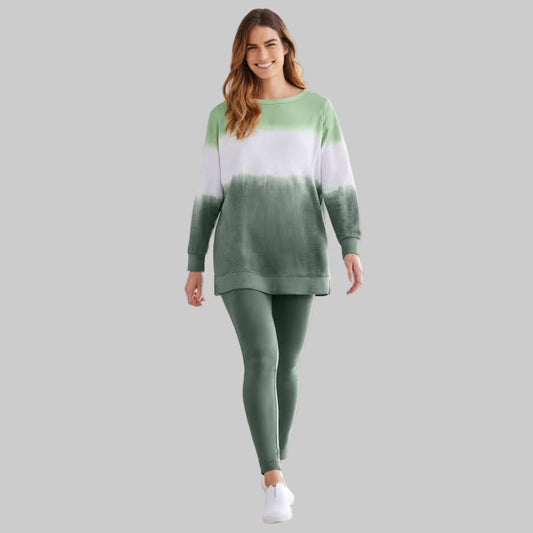 Pine Ikat Tie-Dye Knit Sweatshirt Tunic with banded scoop neck and slit hem — soft French terry plus size pullover top.