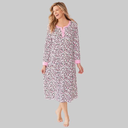 Women’s Pink Animal Hearts Thermal Henley Nightgown with long sleeves, Henley snap neckline, side slits, and calf-skimming 46" length in cotton/poly fabric.