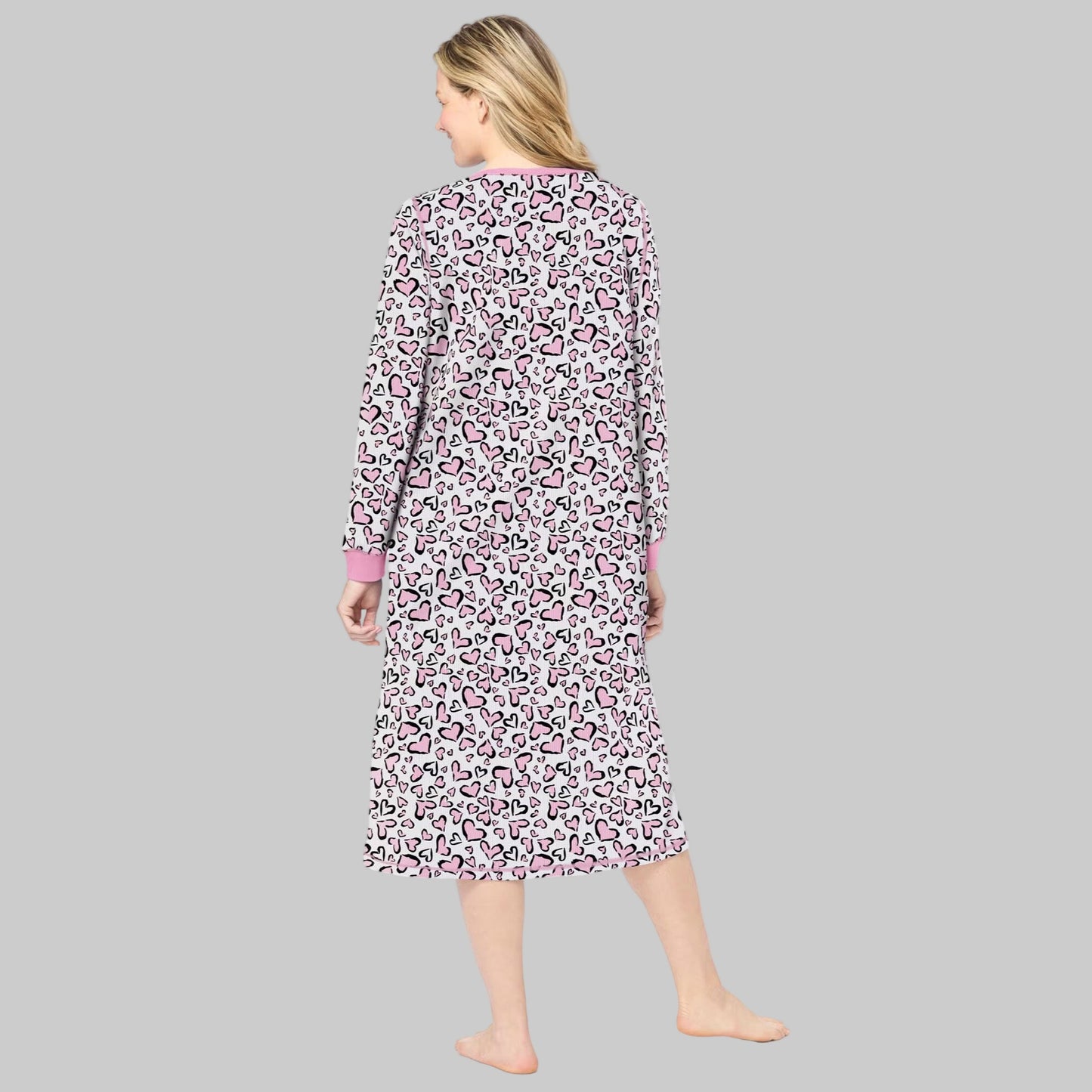 Women’s Pink Animal Hearts Thermal Henley Nightgown with long sleeves, Henley snap neckline, side slits, and calf-skimming 46" length in cotton/poly fabric.