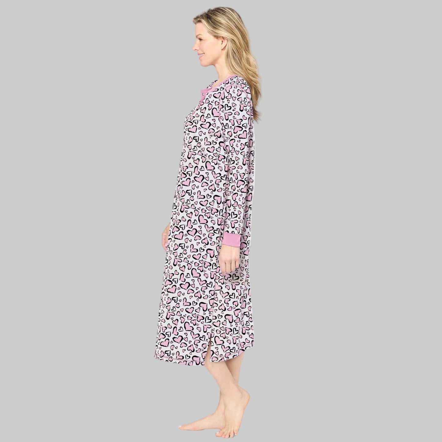 Women’s Pink Animal Hearts Thermal Henley Nightgown with long sleeves, Henley snap neckline, side slits, and calf-skimming 46" length in cotton/poly fabric.