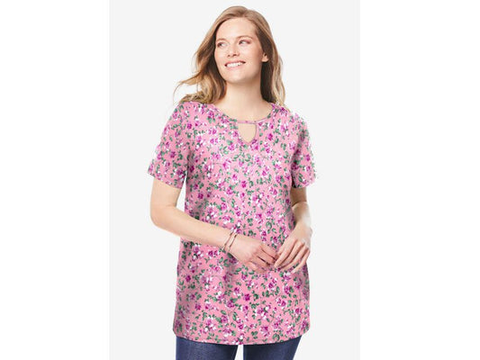 Pink Blossom Vine Perfect Printed Short Sleeve Keyhole Tee PSW-7067