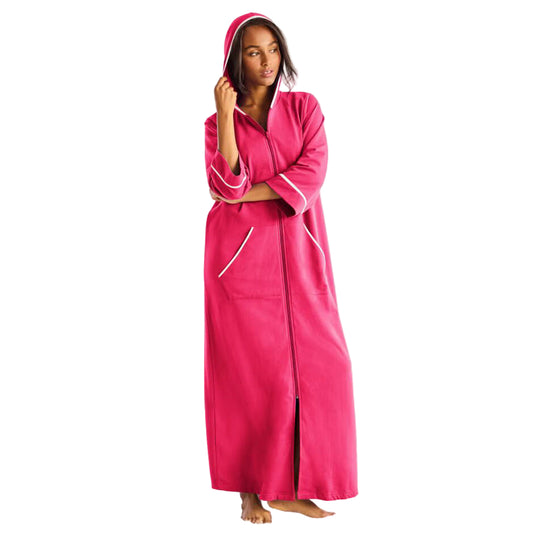 “Pink Burst Long French Terry Robe – long hooded robe with kangaroo pockets and three-quarter sleeves”