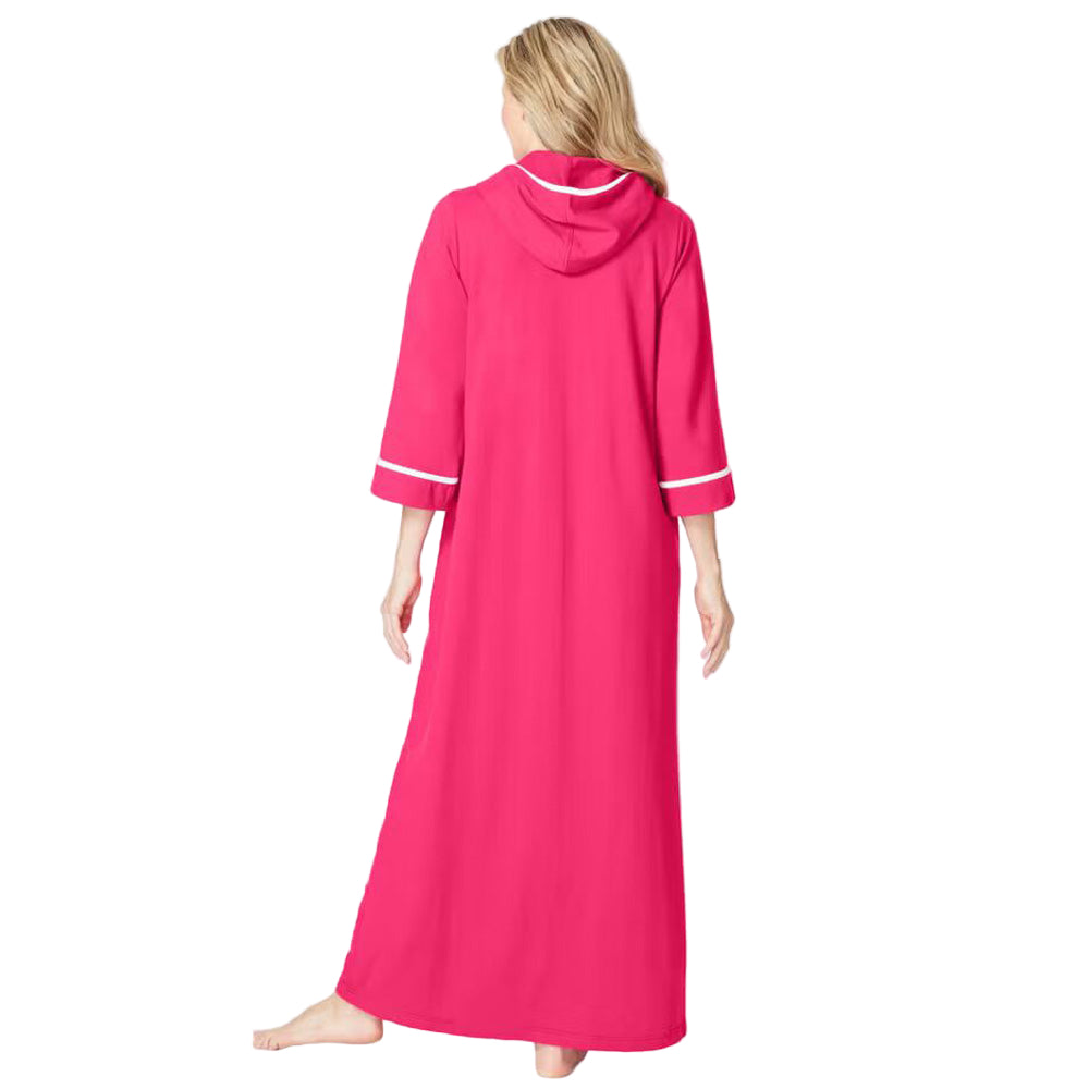 “Pink Burst Long French Terry Robe – long hooded robe with kangaroo pockets and three-quarter sleeves”
