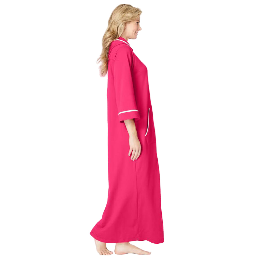 “Pink Burst Long French Terry Robe – long hooded robe with kangaroo pockets and three-quarter sleeves”
