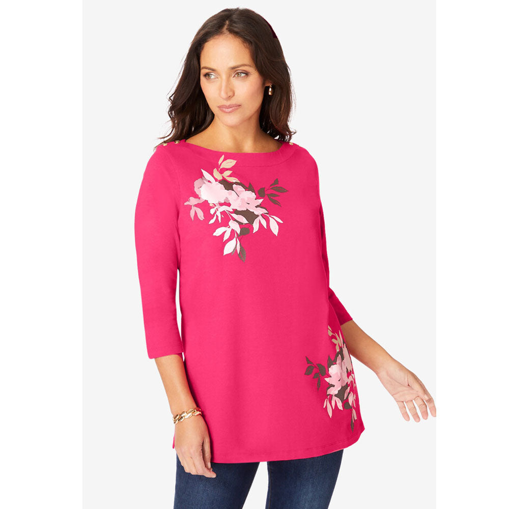 Pink Burst Placed Bouquet Boatneck Tunic PSW-8137