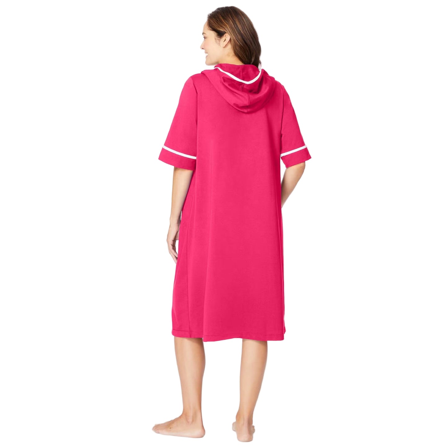 “Pink Burst Short French Terry Robe – 40-inch hooded robe with kangaroo pockets and elbow-length sleeves”