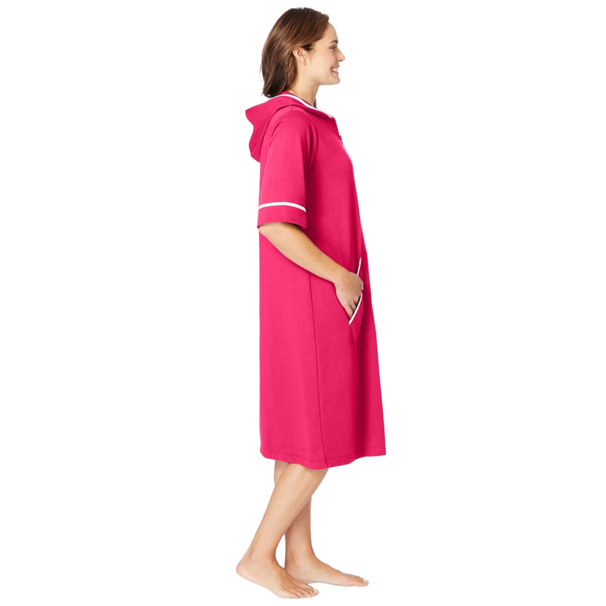 “Pink Burst Short French Terry Robe – 40-inch hooded robe with kangaroo pockets and elbow-length sleeves”