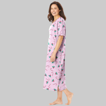 Pink Candy Cane Long Print Sleepshirt with short sleeves, V-neckline, and side slits – pure cotton women’s sleepwear, 46-inch length.