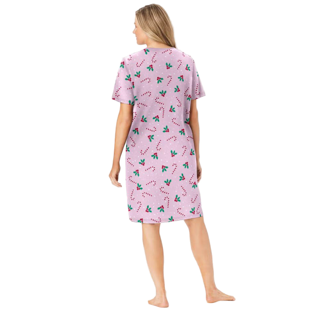 Pink Candy Cane Short Print Sleepshirt with ribbed V-neck, short sleeves, and A-line fit – women’s 40-inch cotton sleepwear.