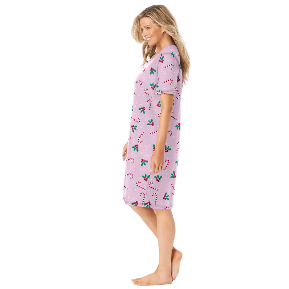 Pink Candy Cane Short Print Sleepshirt with ribbed V-neck, short sleeves, and A-line fit – women’s 40-inch cotton sleepwear.