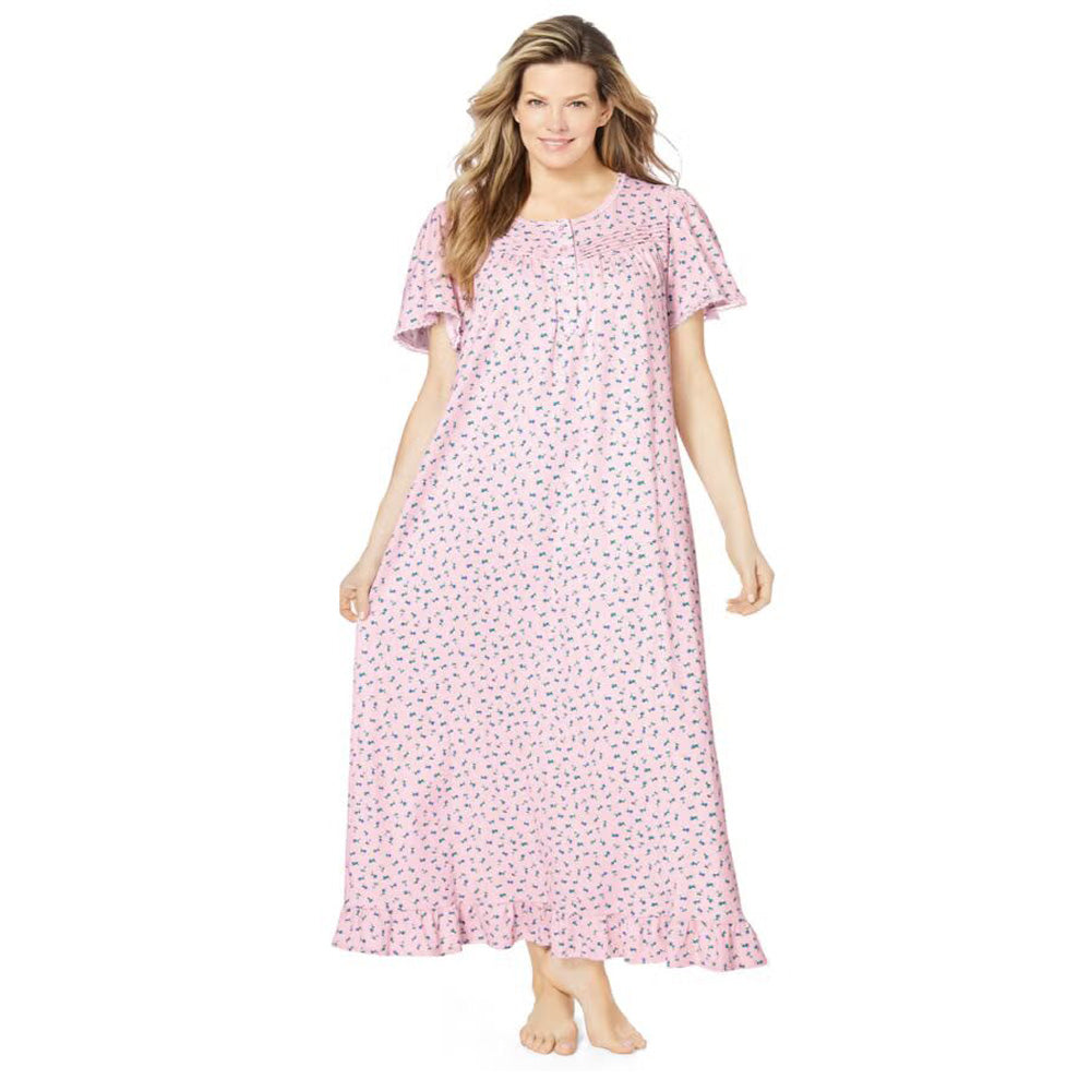 Pink ditsy floral print long cotton nightgown with lace trim and ruffled sleeves
