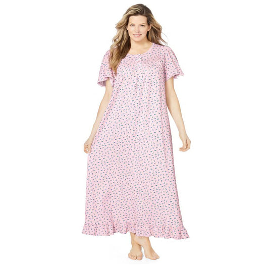 Pink ditsy floral print long cotton nightgown with lace trim and ruffled sleeves
