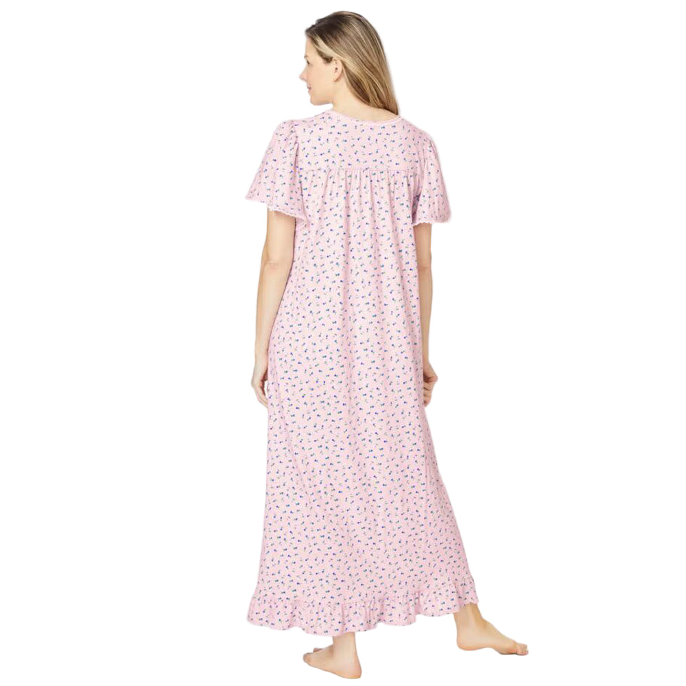 Pink ditsy floral print long cotton nightgown with lace trim and ruffled sleeves
