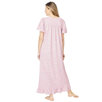 Pink ditsy floral print long cotton nightgown with lace trim and ruffled sleeves
