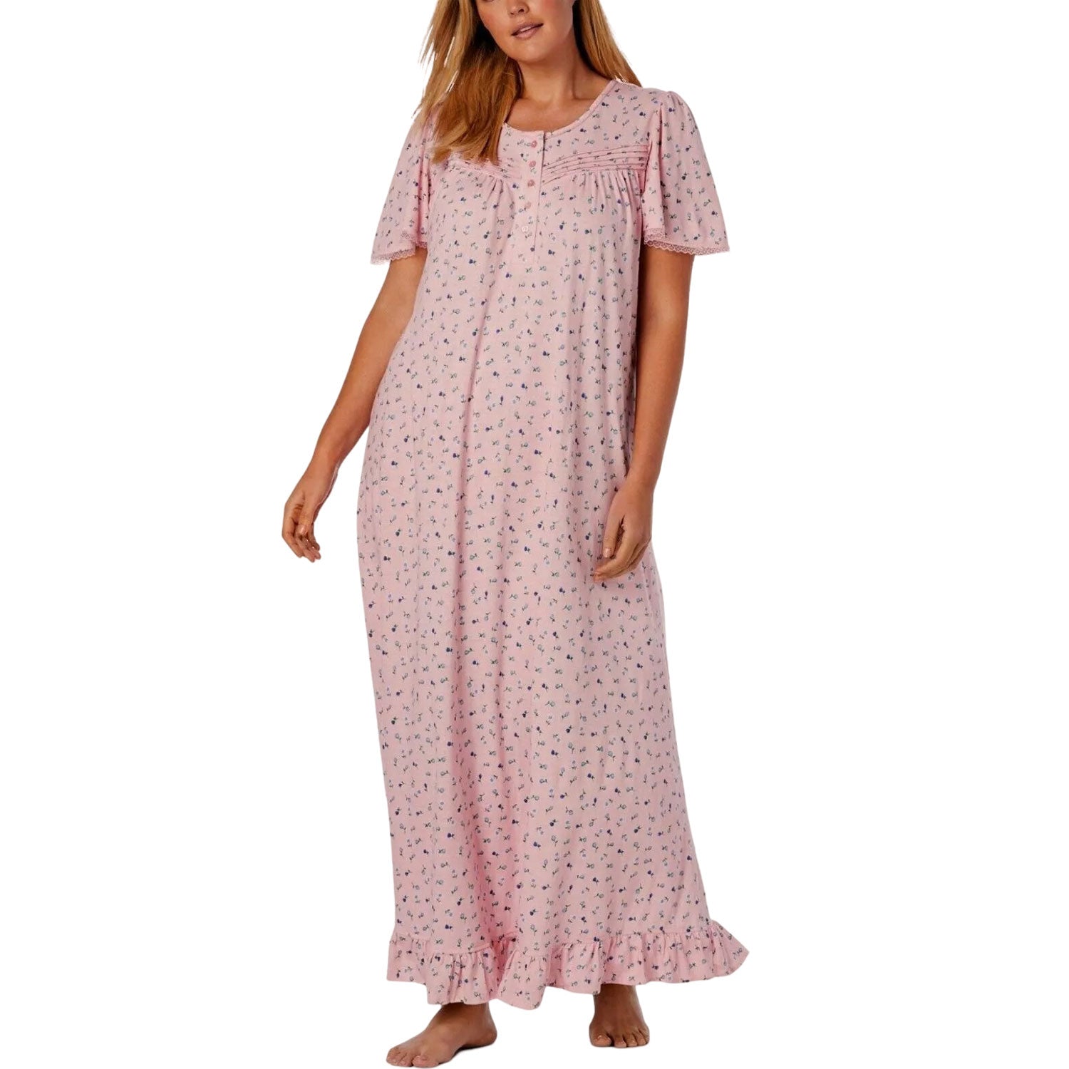 Pink ditsy floral print long cotton nightgown with lace trim and ruffled sleeves

