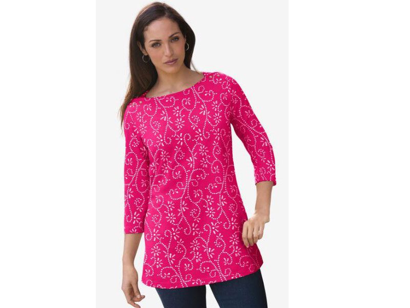 Pink Floral Plus Size Women Boatneck Tunic PSW-5438