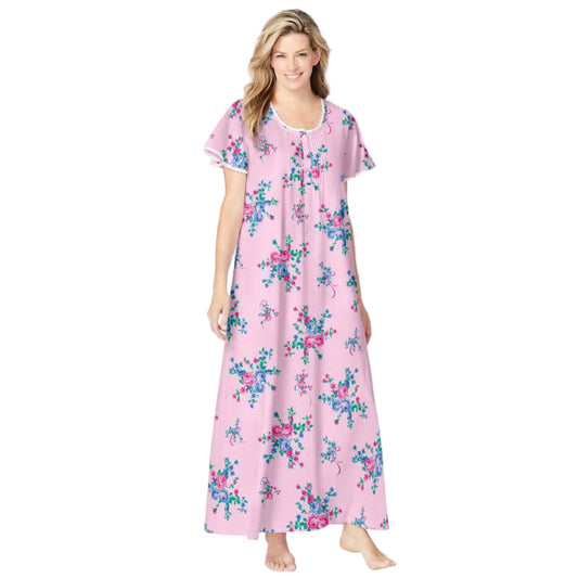 Women’s pink floral long pintuck knit gown with lace trim, flutter sleeves, henley placket, and shirring, made from soft breathable cotton.