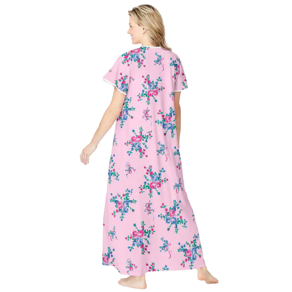 Women’s pink floral long pintuck knit gown with lace trim, flutter sleeves, henley placket, and shirring, made from soft breathable cotton.