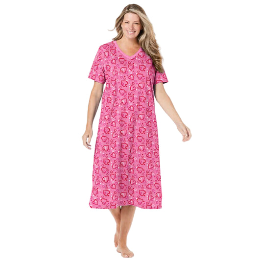 Pink Hearts Long Print Sleepshirt with ribbed V-neck, short sleeves, side slits, and playful heart print – women’s 46-inch cotton sleepwear.