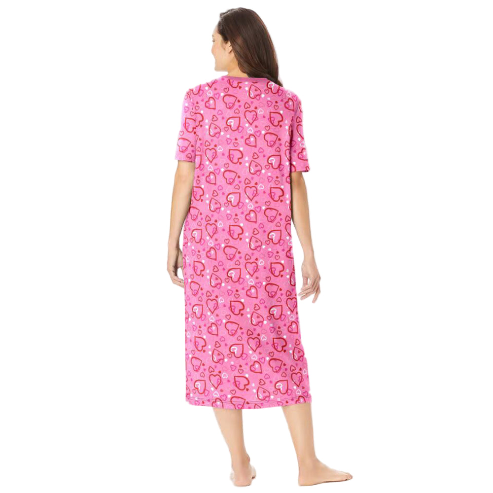 Pink Hearts Long Print Sleepshirt with ribbed V-neck, short sleeves, side slits, and playful heart print – women’s 46-inch cotton sleepwear.