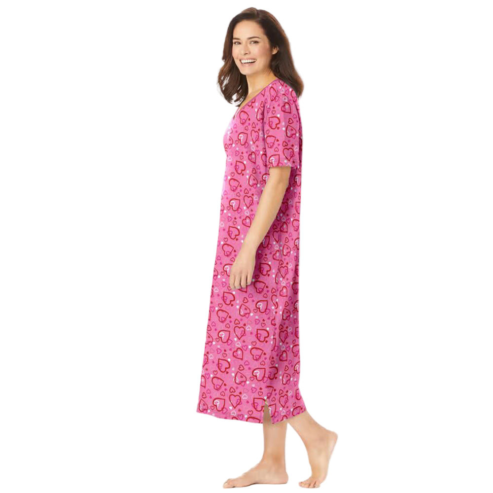 Pink Hearts Long Print Sleepshirt with ribbed V-neck, short sleeves, side slits, and playful heart print – women’s 46-inch cotton sleepwear.