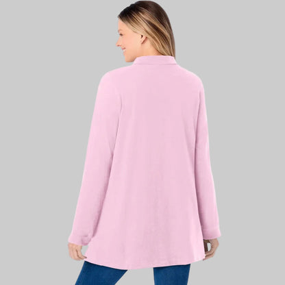 Women’s pink long-sleeve polo shirt with four-button placket and ribbed cuffs, displayed flat on a white background.