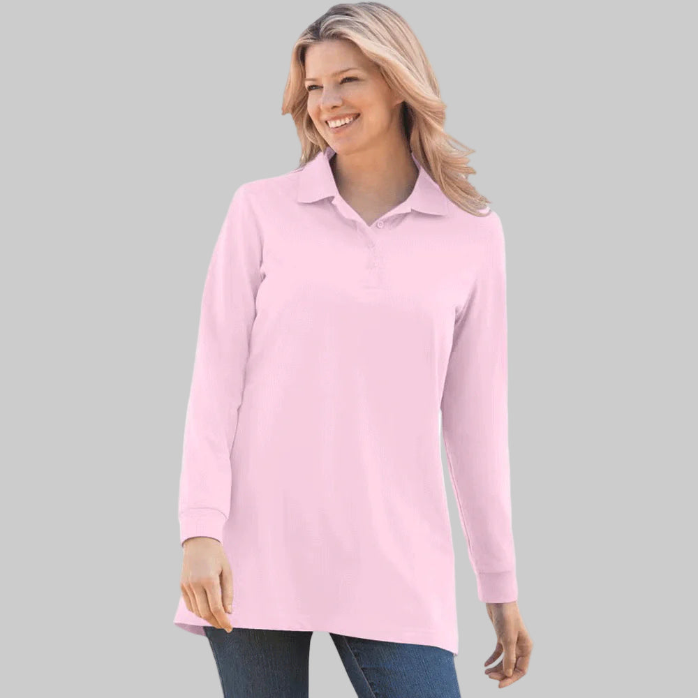 Women’s pink long-sleeve polo shirt with four-button placket and ribbed cuffs, displayed flat on a white background.