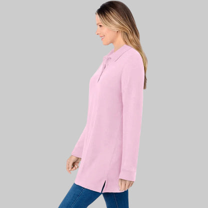 Women’s pink long-sleeve polo shirt with four-button placket and ribbed cuffs, displayed flat on a white background.