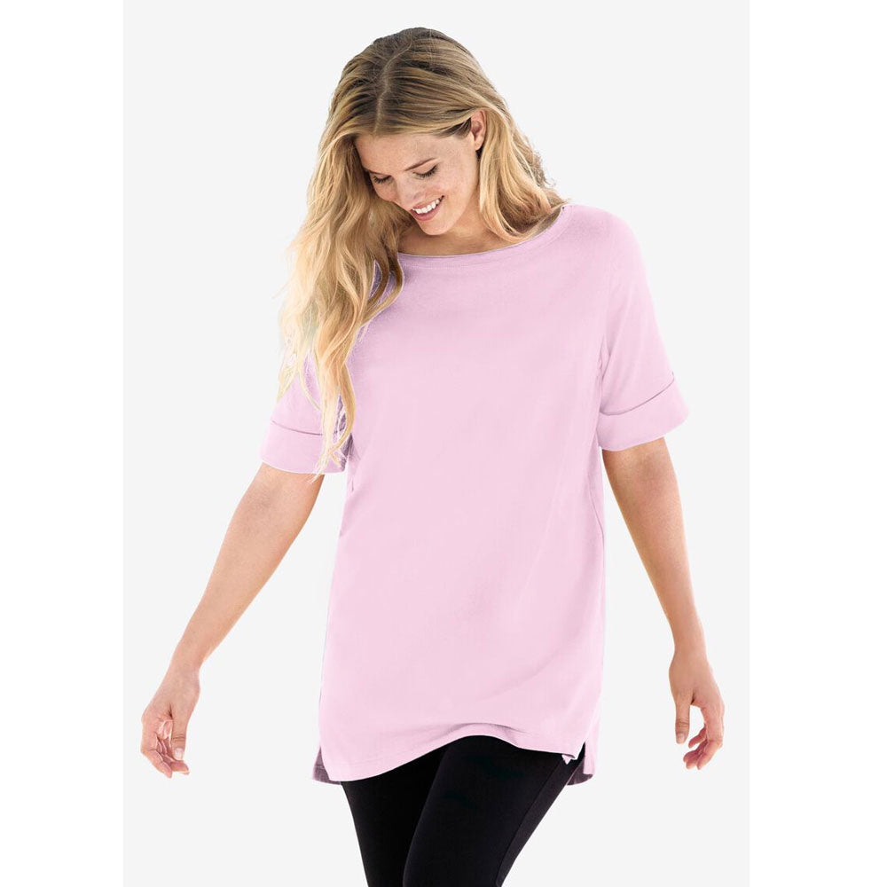 Pink Perfect Cuffed Elbow-Sleeve Boat-Neck Tee PSW-7874